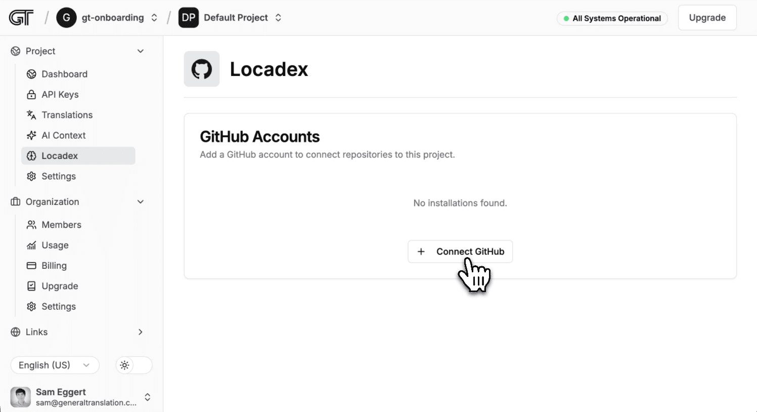 Installationsbildschirm für Locadex