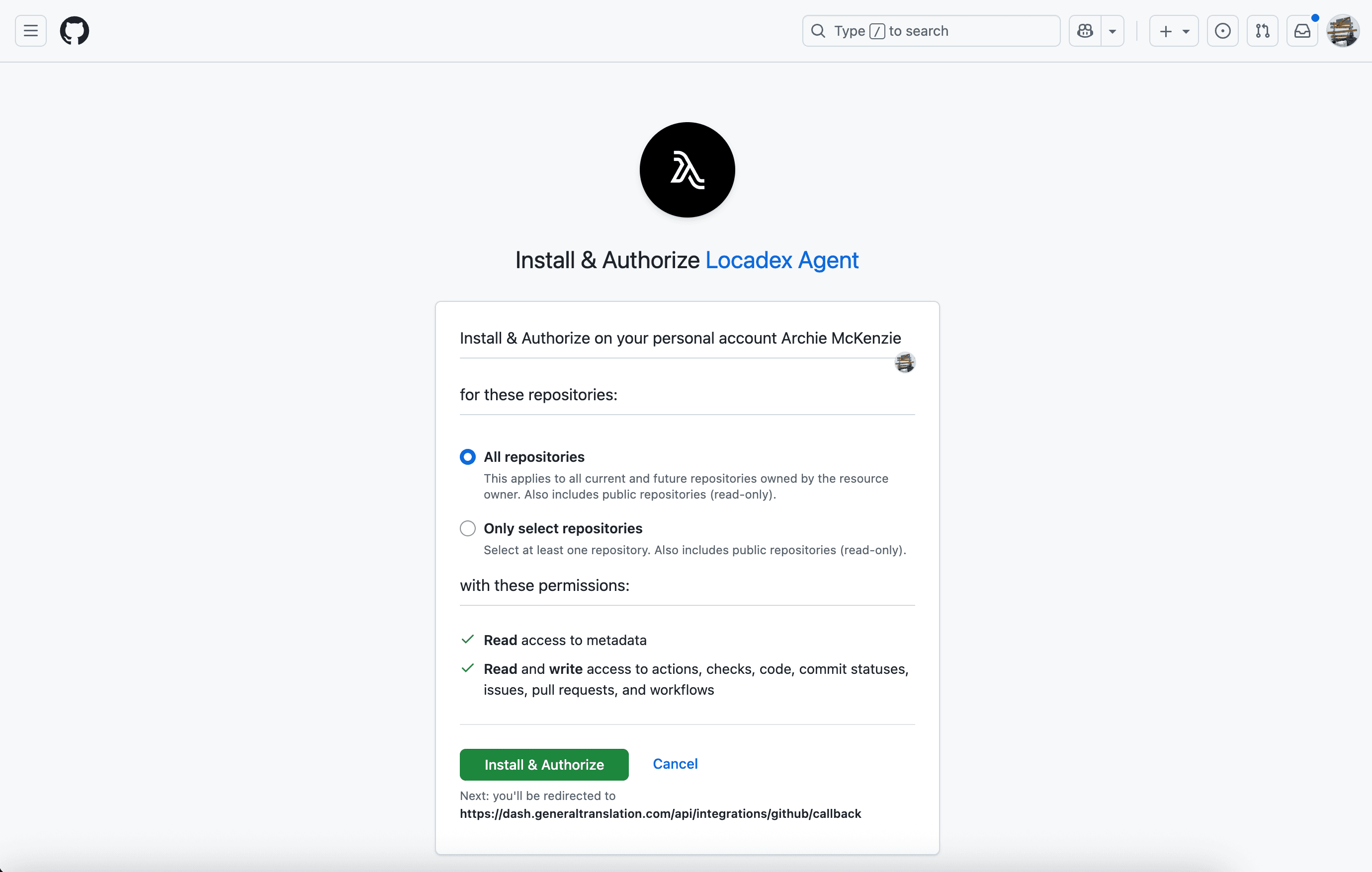 Installationsbildschirm von Locadex