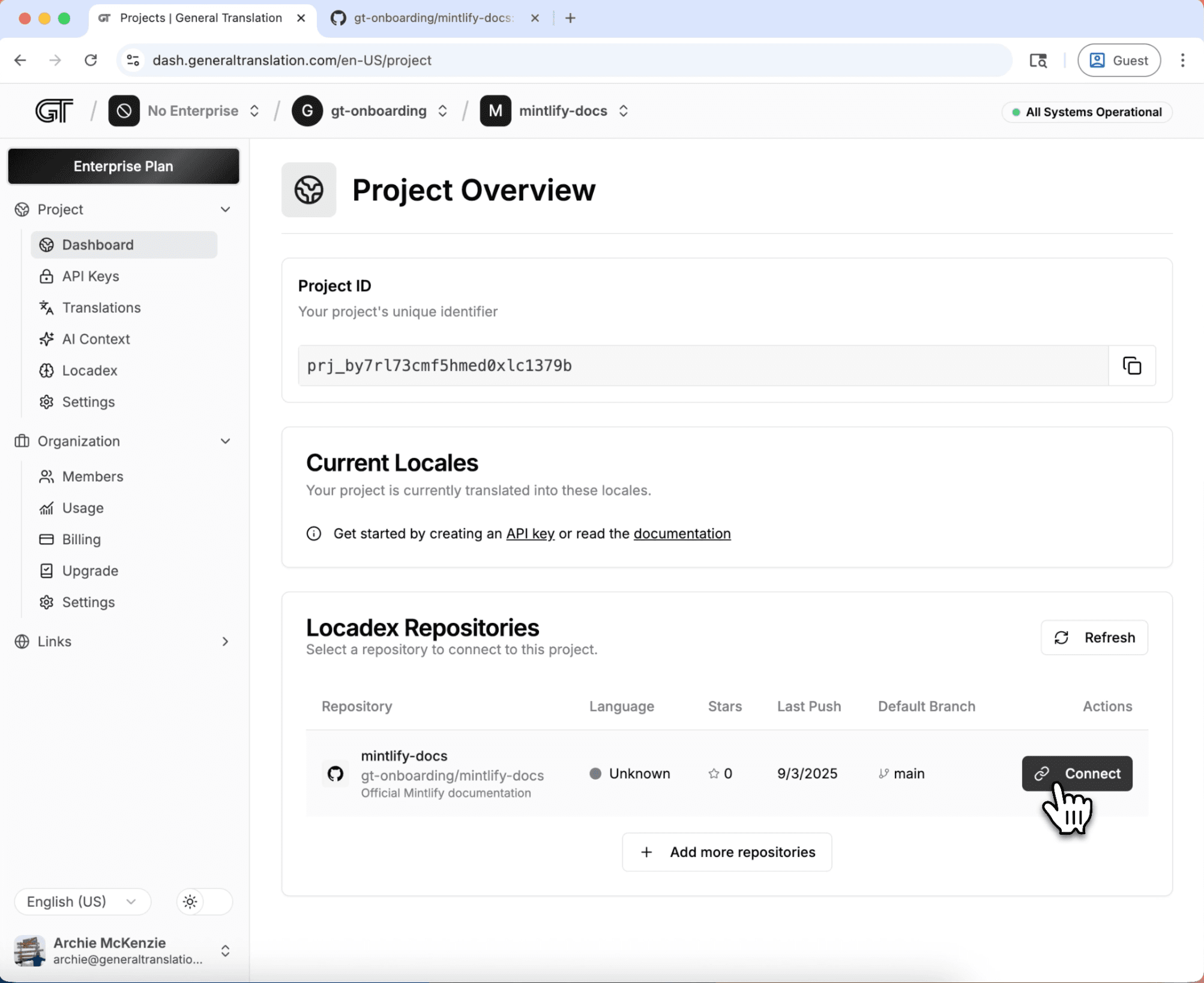 Installationsbildschirm von Locadex