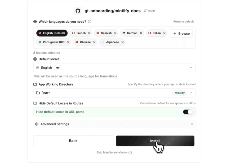 Installationsbildschirm für Locadex