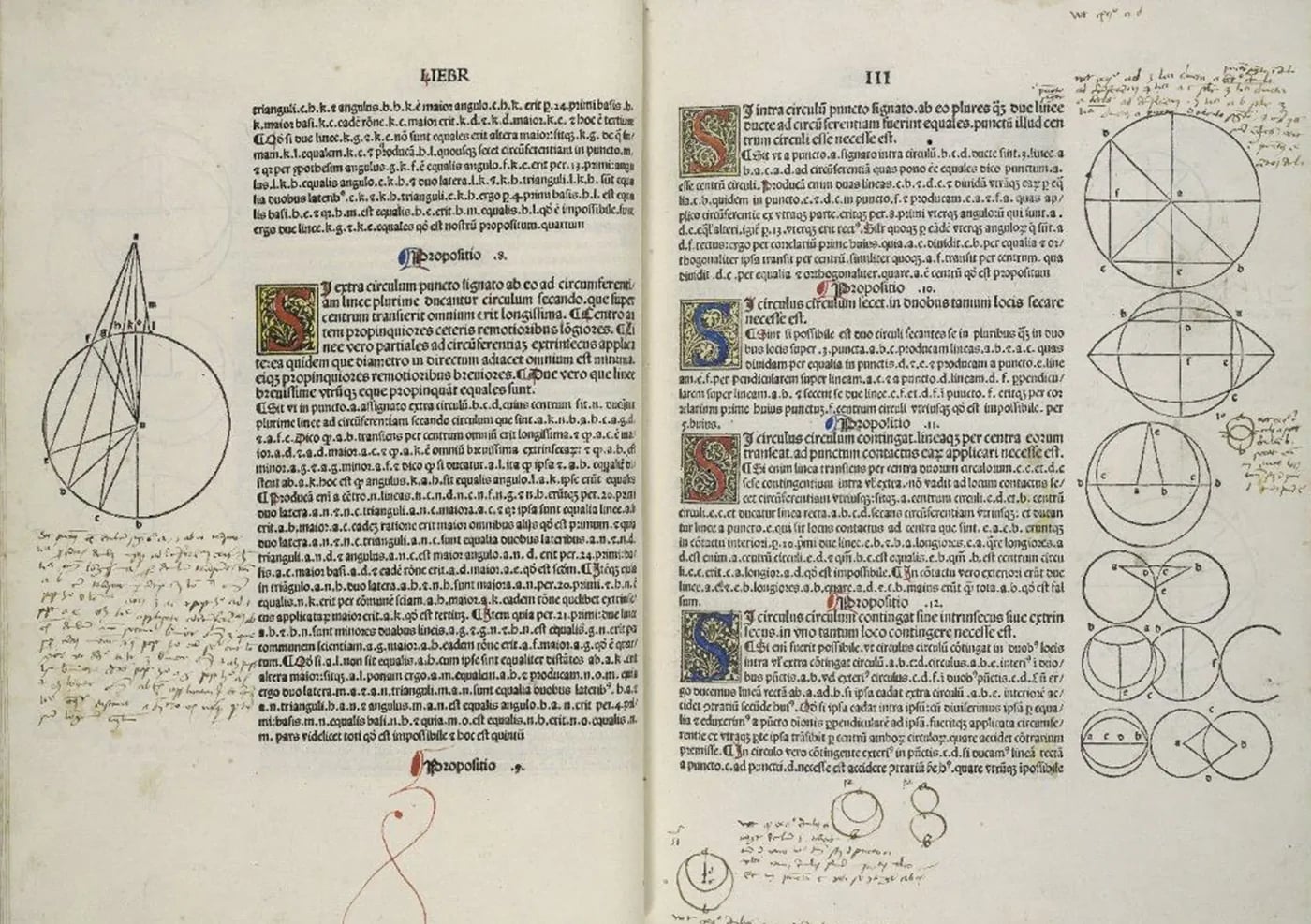 A spread of the 1482 printed Elements with handwritten notes in brown ink around the text and diagrams