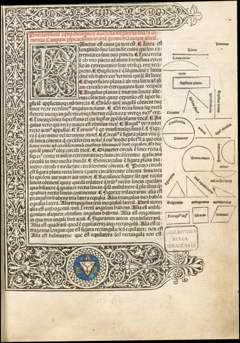 The first page of the 1482 Venice edition, with a woodcut border and the diagrams set in the margin