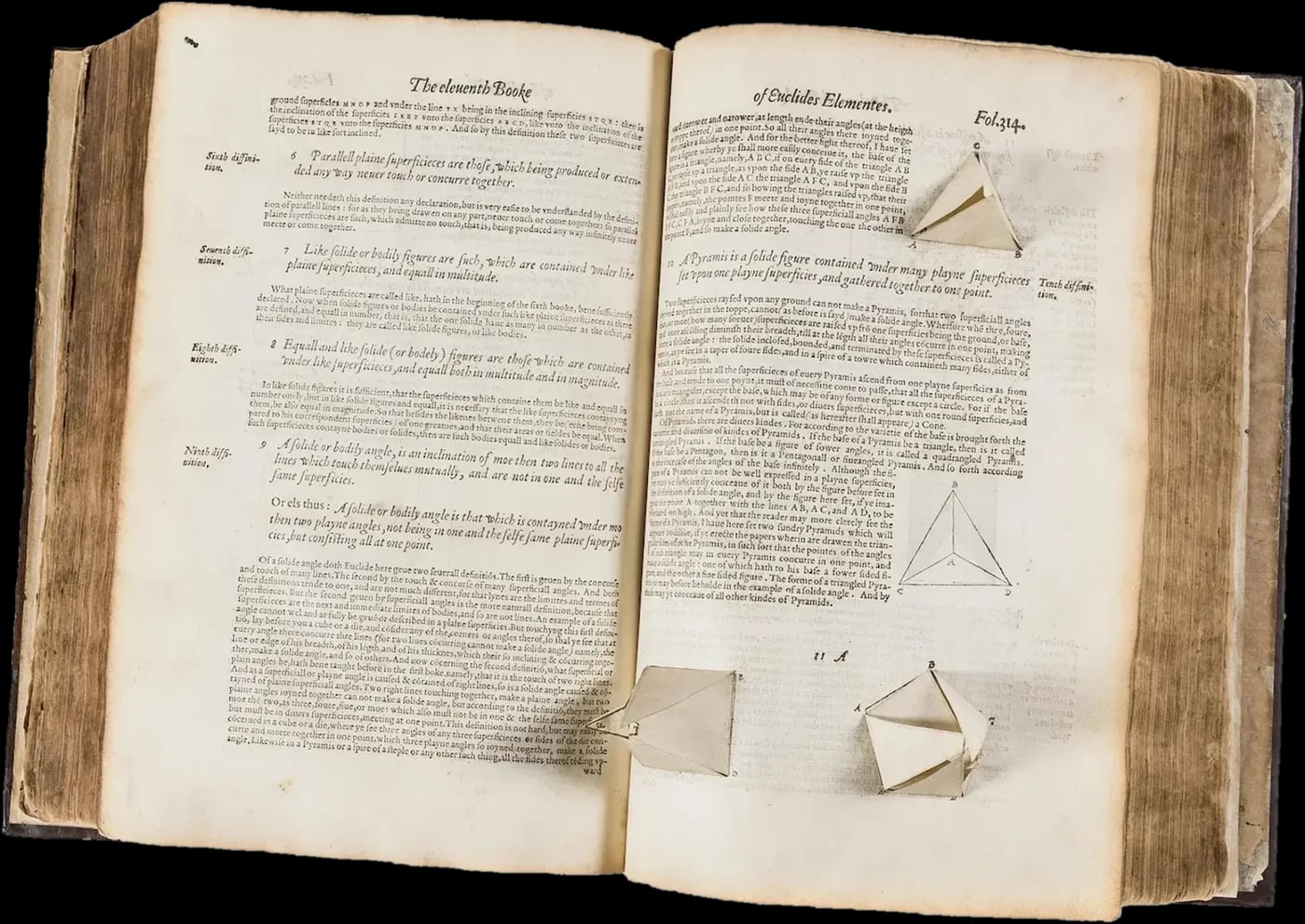 Billingsley’s 1570 Elements open at Book XI, with paper solids raised from both pages