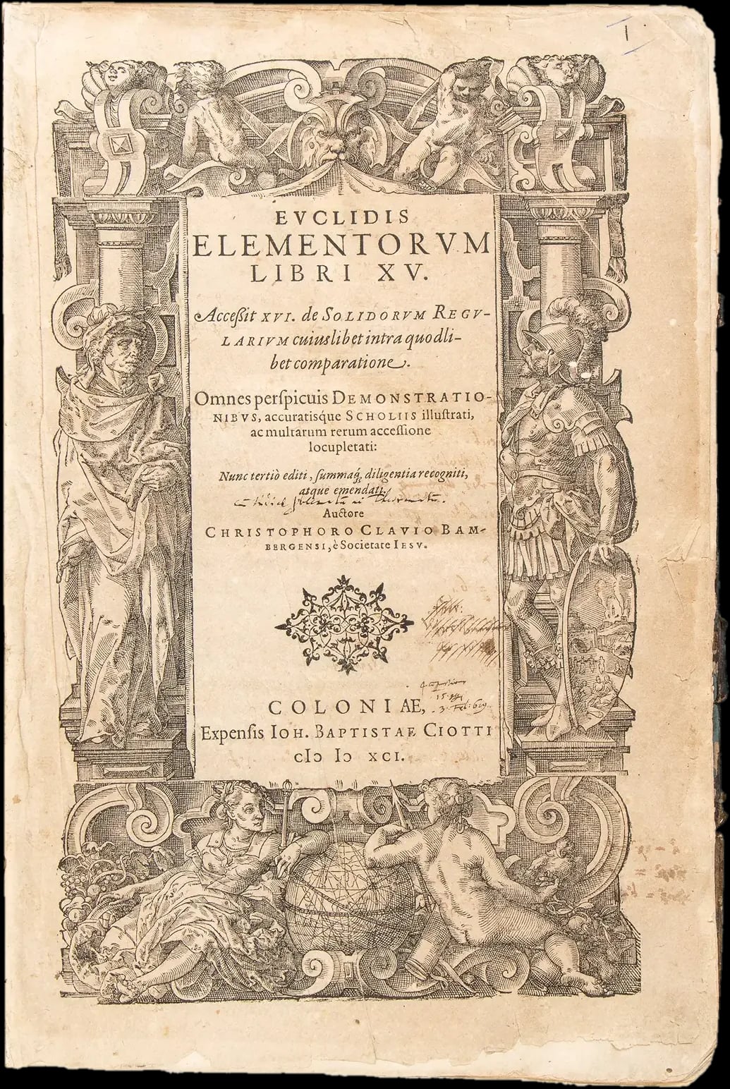 The title page of Clavius’s Latin Elements, printed in Cologne in 1591, inside an engraved border