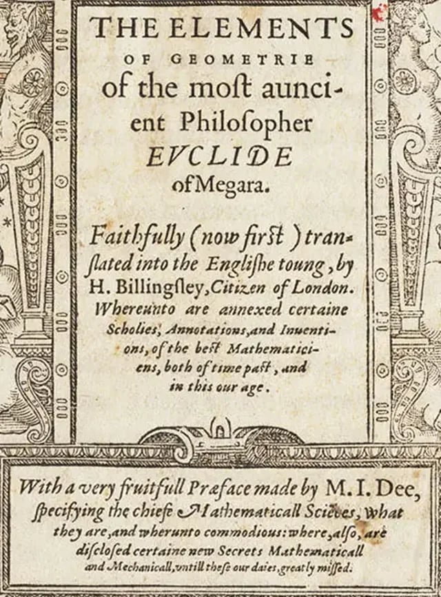 The woodcut title page of Billingsley’s 1570 Elements, naming Euclide of Megara