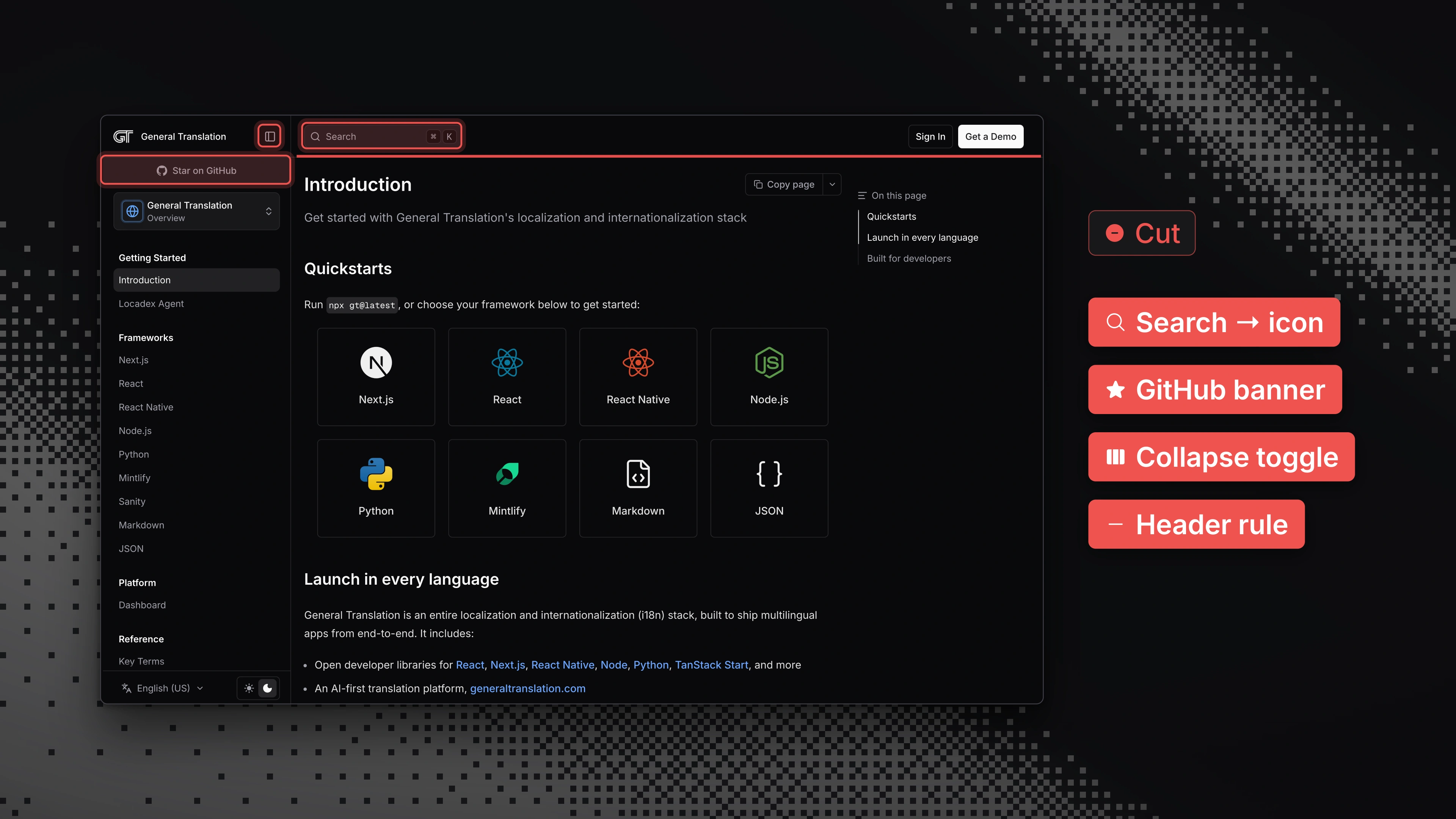 The old docs page with the removed elements struck in red: the search field, the GitHub banner, the sidebar toggle, and the header rule