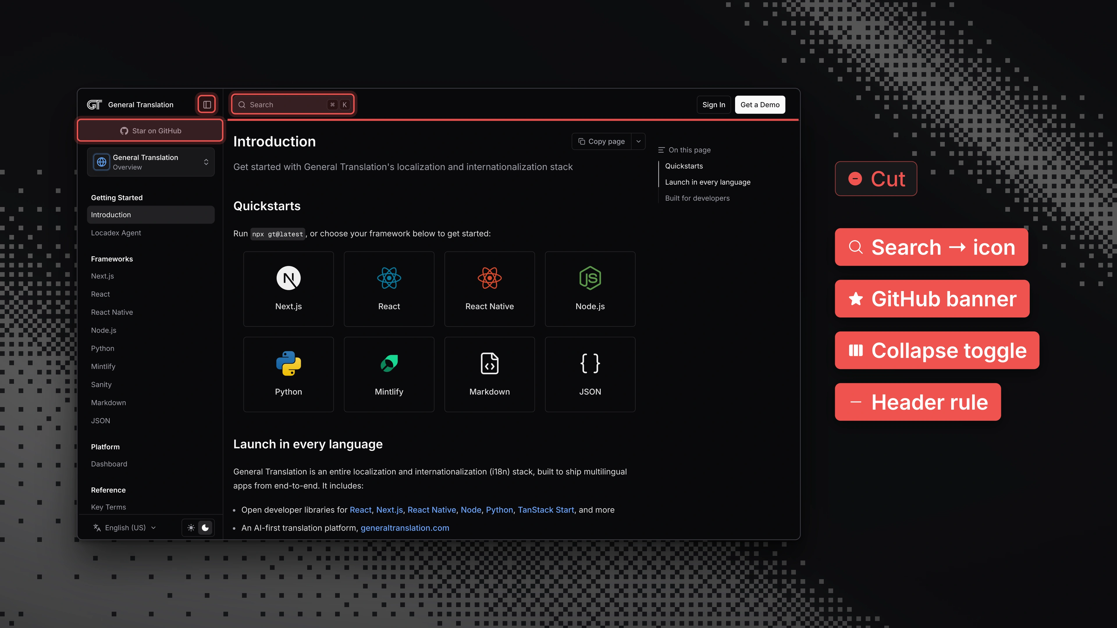 旧版文档页面,被移除的元素以红色标出:搜索框、GitHub 横幅、侧边栏开关以及页头分隔线
