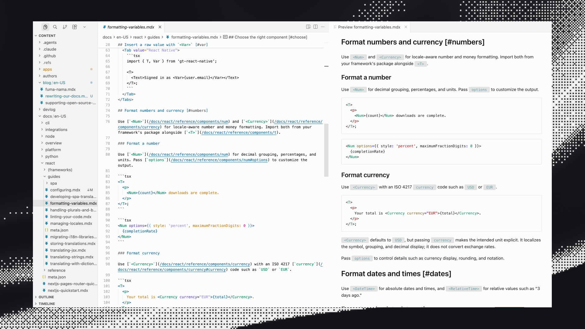 Editing the docs in Cursor, with the source MDX beside the rendered Markdown preview