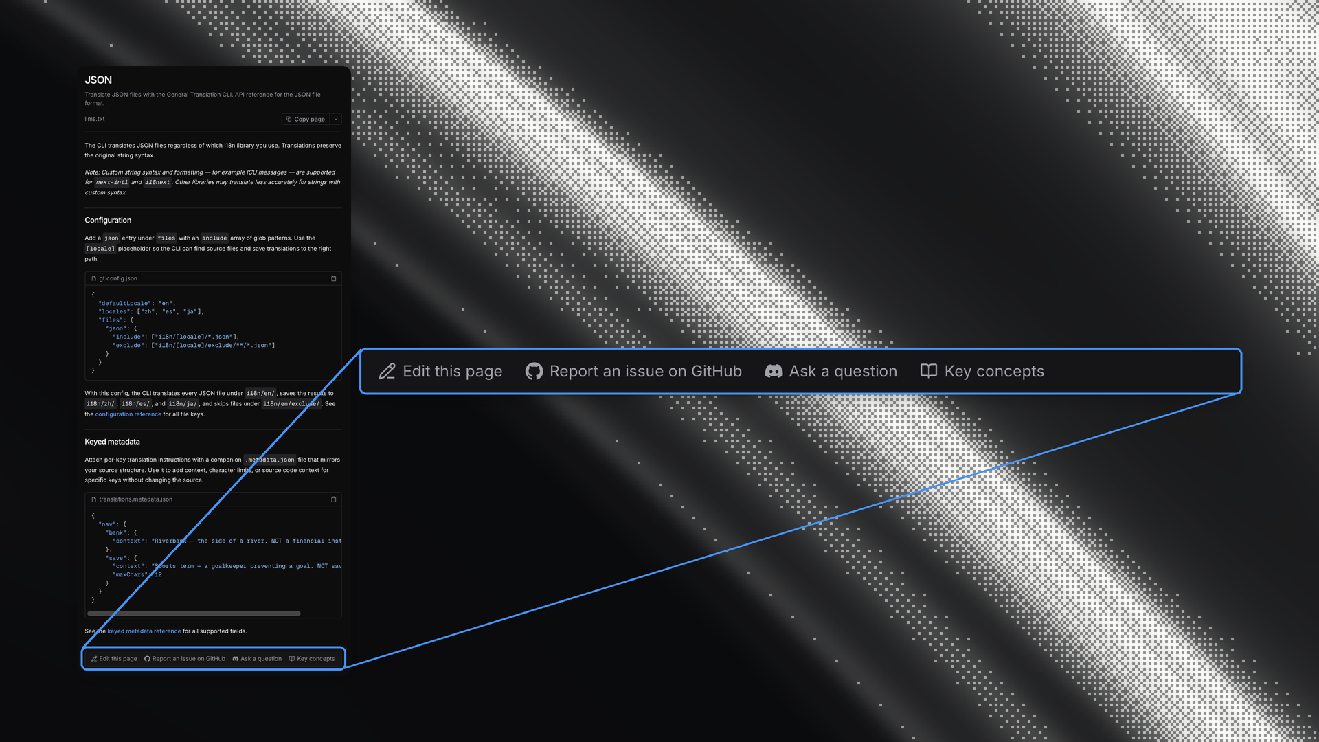 The feedback bar on every docs page: edit the page, report an issue on GitHub, or ask a question