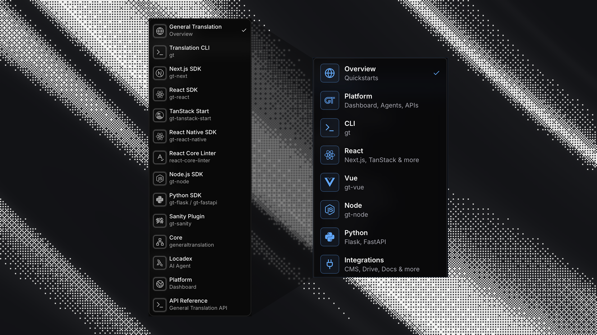 The docs sidebar before and after the redesign, reorganized around the Overview, Platform, frameworks, and Integrations sections